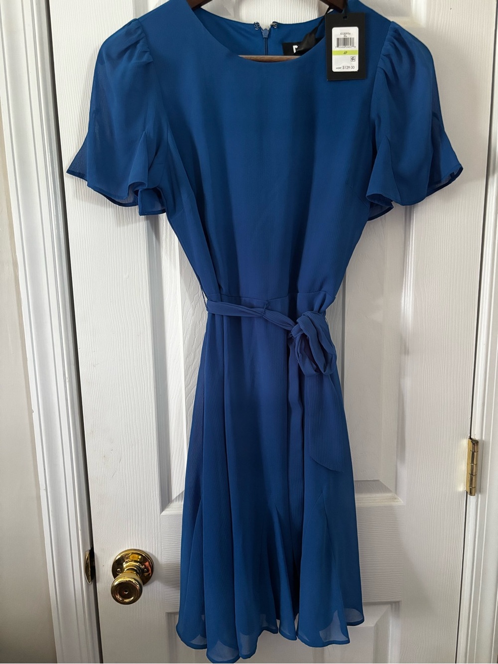 Dkny Blue Midi Tie-Waist Flutter Sleeve Dress